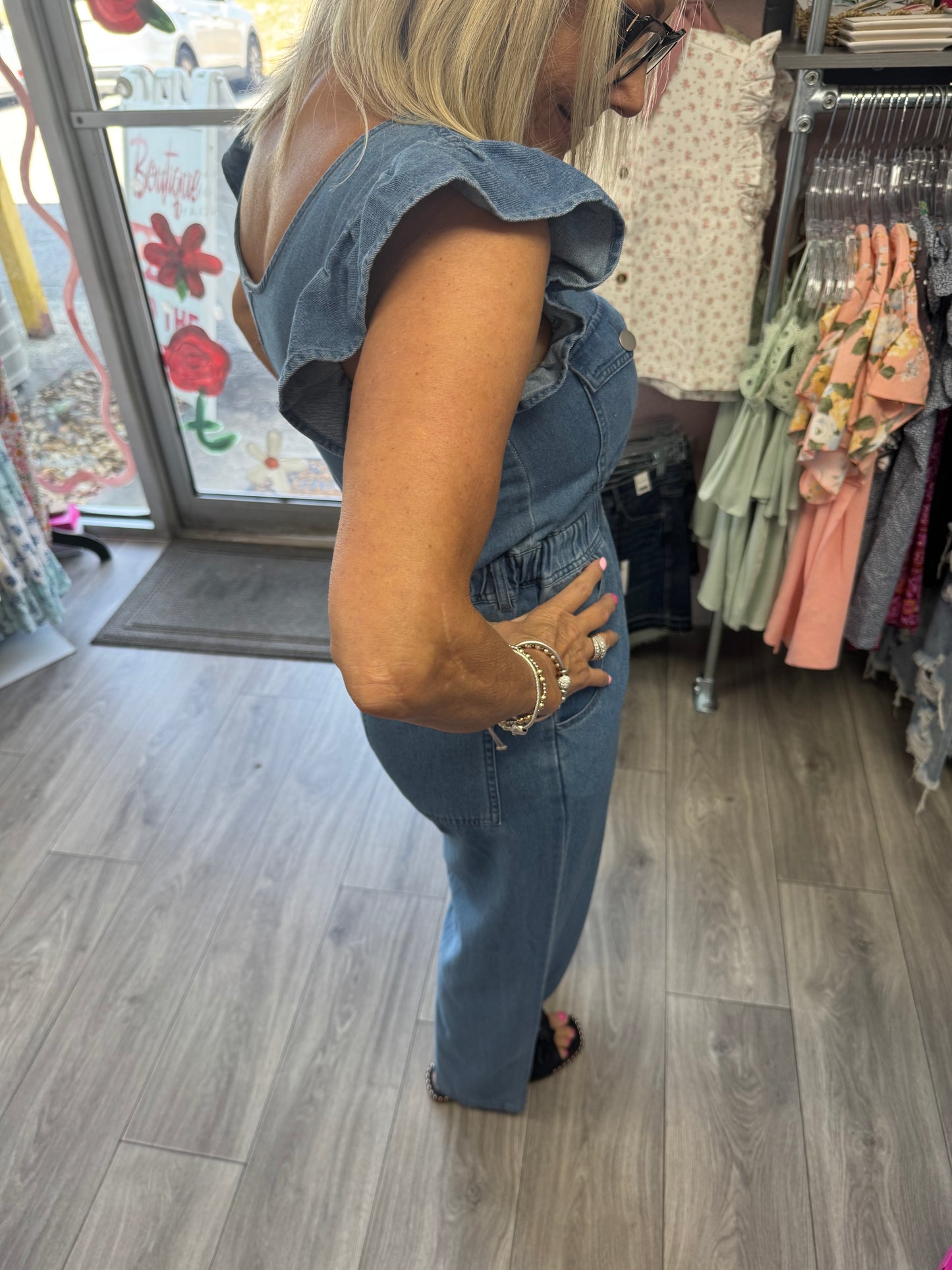 FRONT FLUTTER SLEEVE DENIM JUMPSUIT