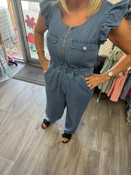 FRONT FLUTTER SLEEVE DENIM JUMPSUIT