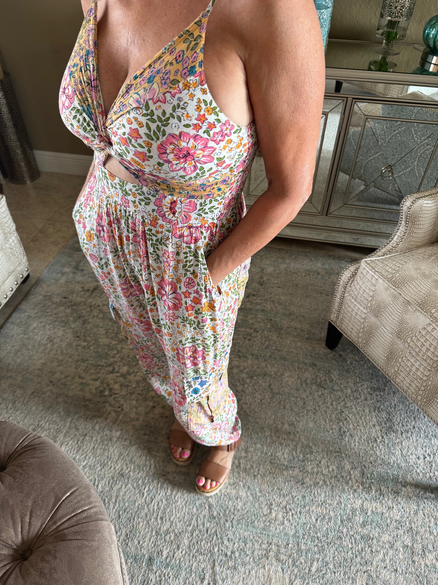 Floral Print Cargo Pocket Jumpsuit