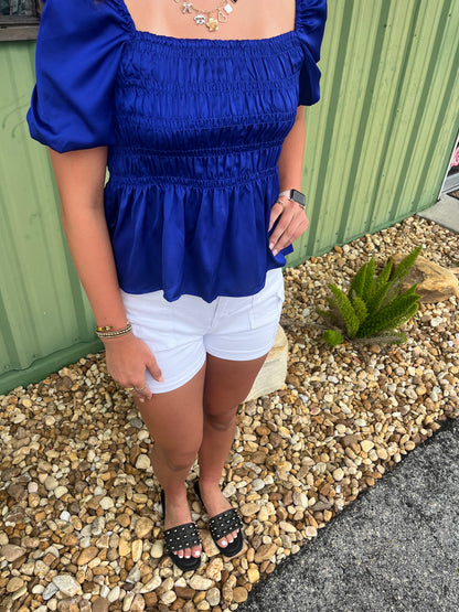 Satin Square Neck Puff Sleeve Smocked Peplum Top