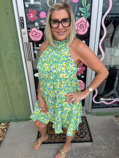 Halter Neck Floral Print Mini Dress