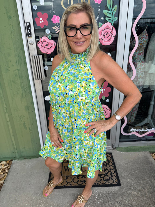 Halter Neck Floral Print Mini Dress