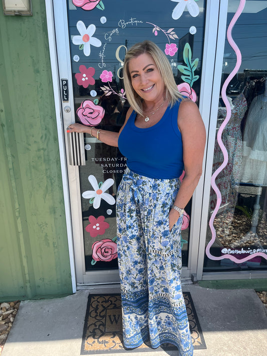 Boho Printed Wide Leg Tie Waist Pants with Lace