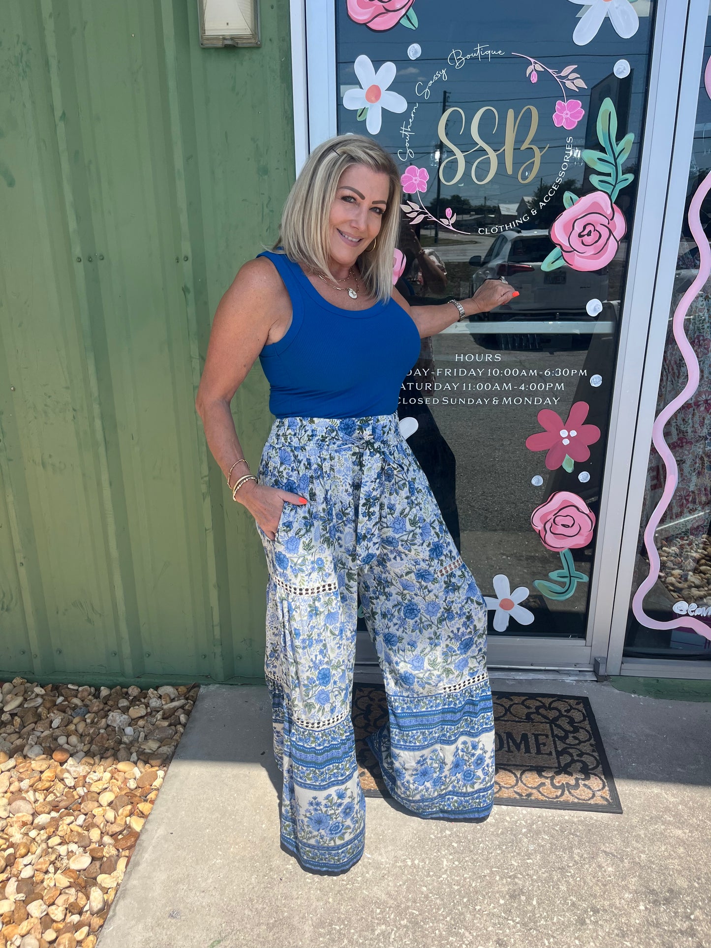 Boho Printed Wide Leg Tie Waist Pants with Lace