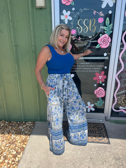 Boho Printed Wide Leg Tie Waist Pants with Lace