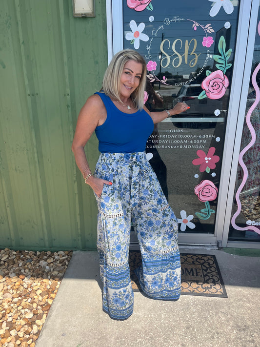 Boho Printed Wide Leg Tie Waist Pants with Lace