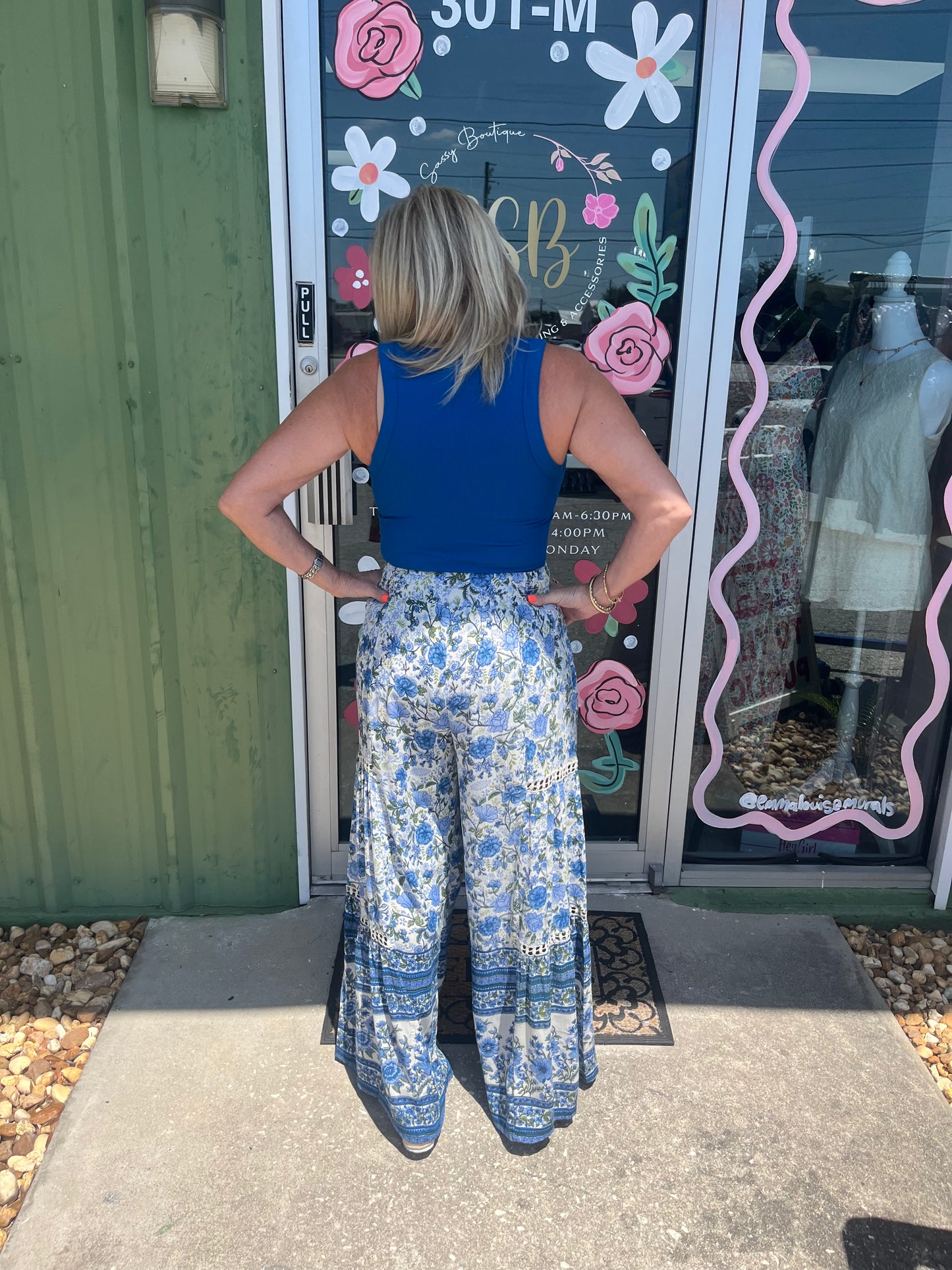 Boho Printed Wide Leg Tie Waist Pants with Lace