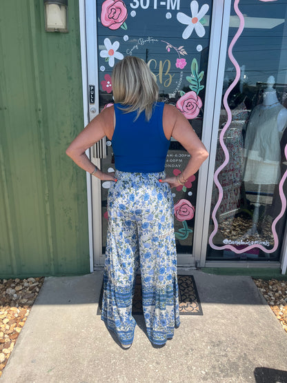 Boho Printed Wide Leg Tie Waist Pants with Lace