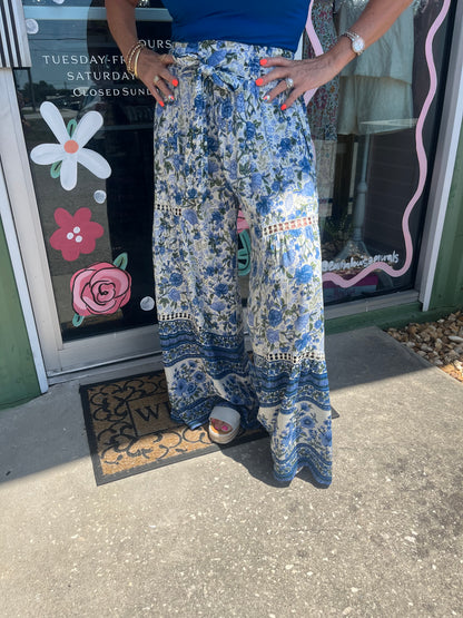 Boho Printed Wide Leg Tie Waist Pants with Lace