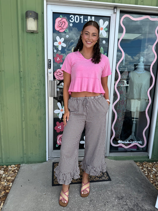 Gingham Casual Ruffled Hem Cropped Pants