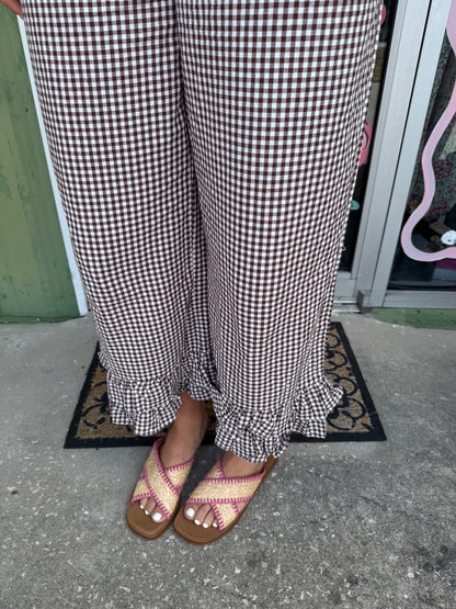 Gingham Casual Ruffled Hem Cropped Pants