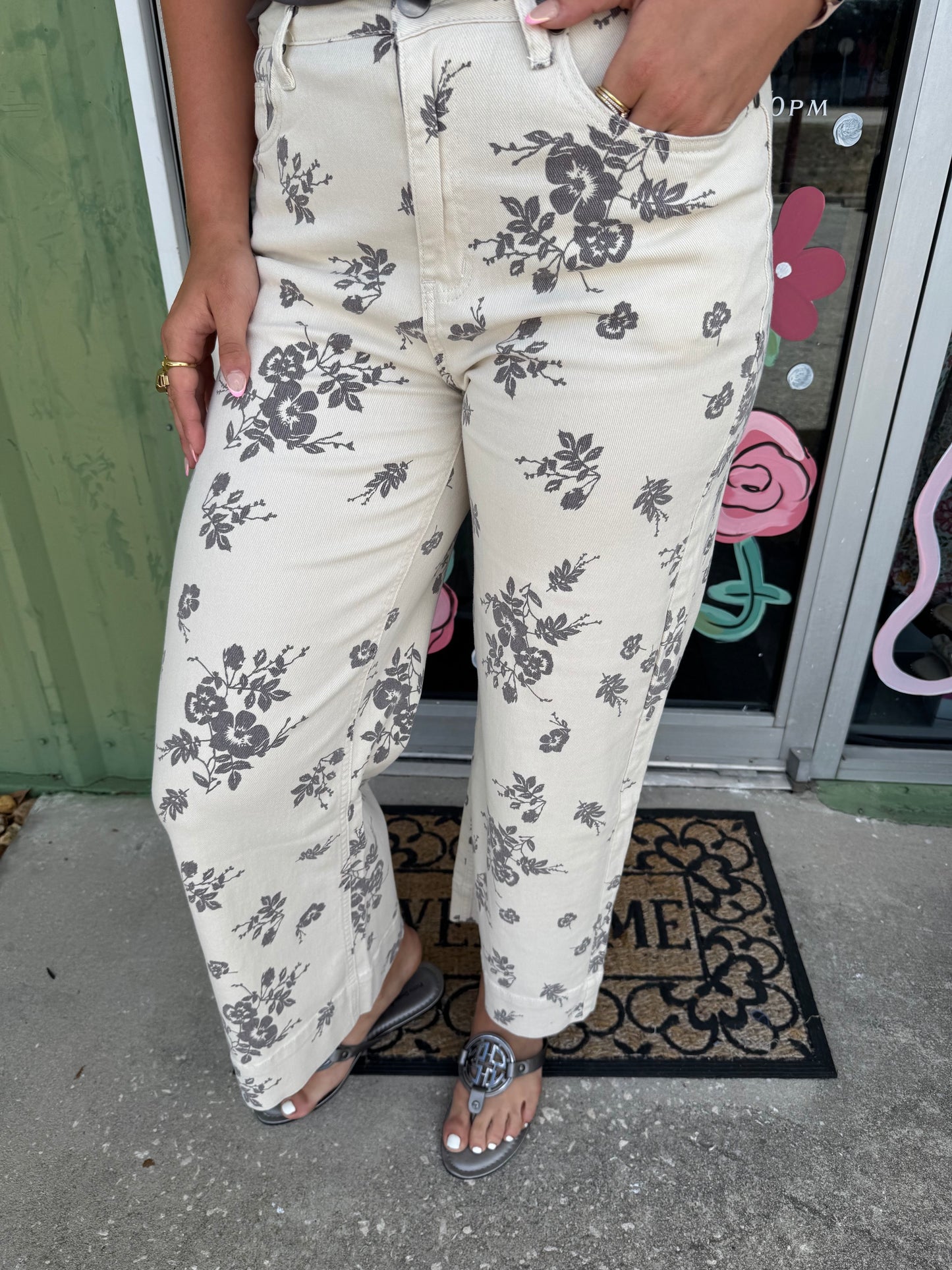Floral Print Straight Leg Cotton Denim Span Pants