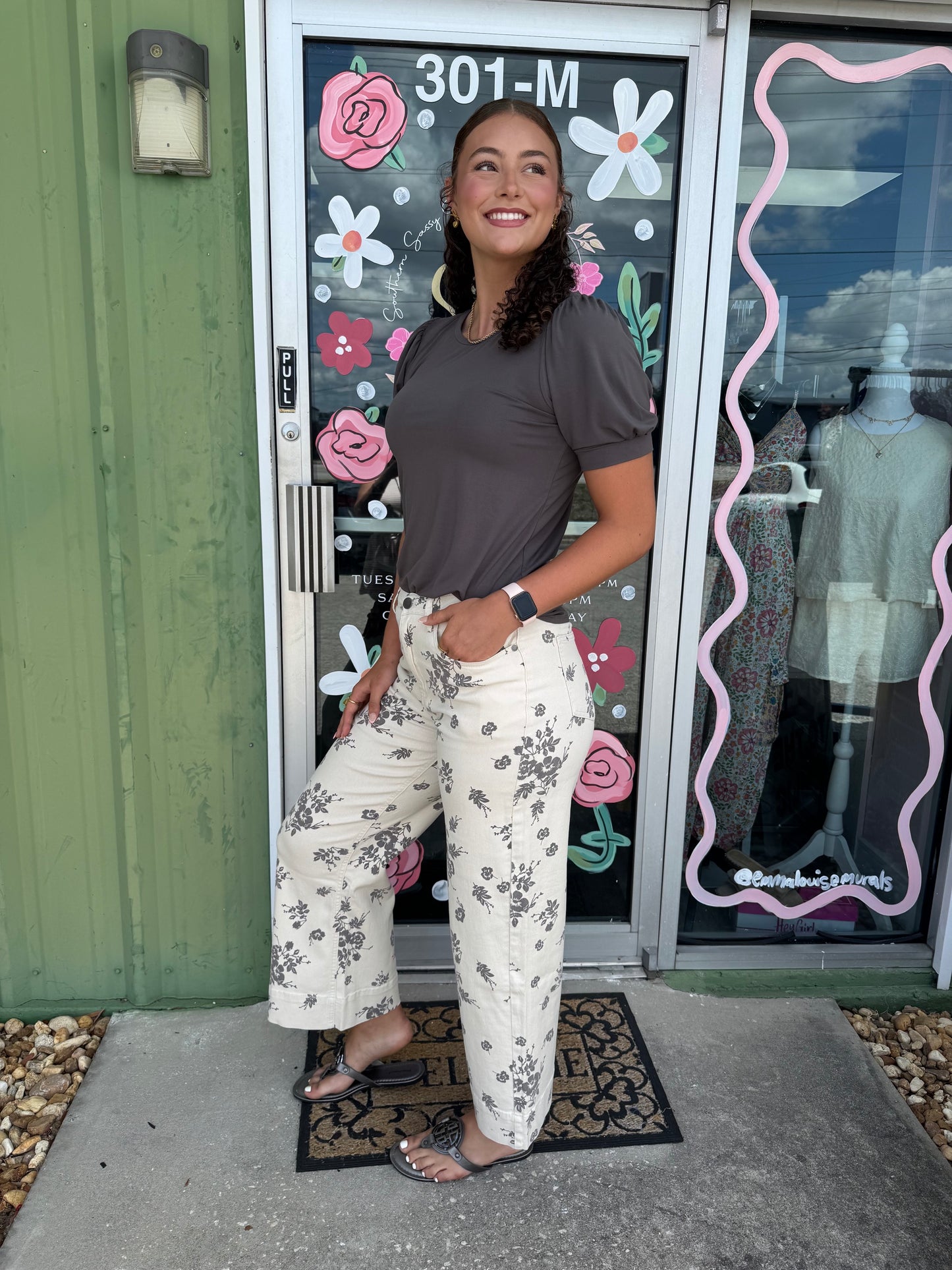 Floral Print Straight Leg Cotton Denim Span Pants
