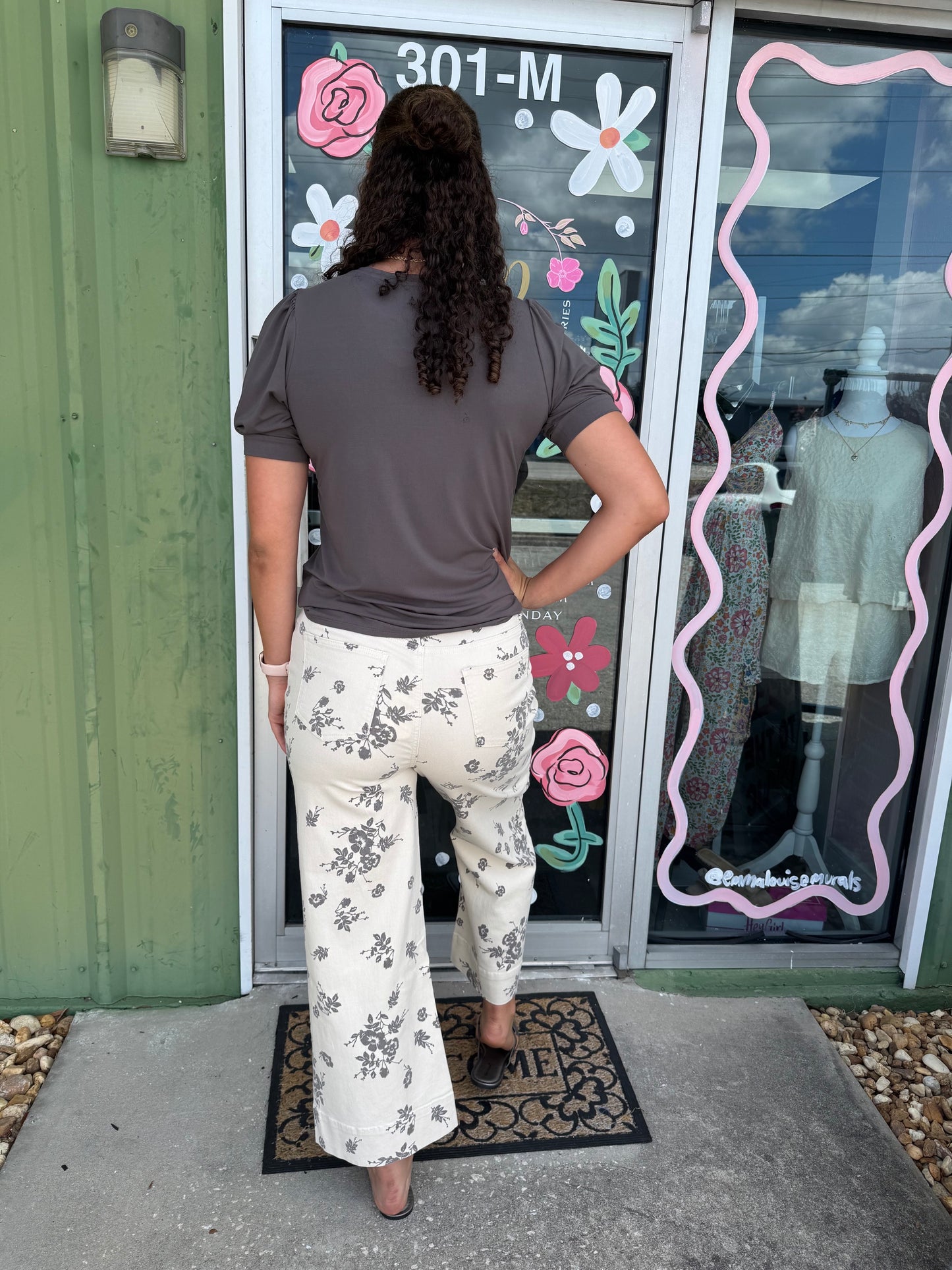 Floral Print Straight Leg Cotton Denim Span Pants