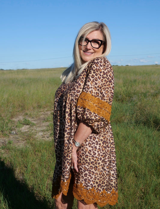 Leopard V-Neck Dress with Lace Trim