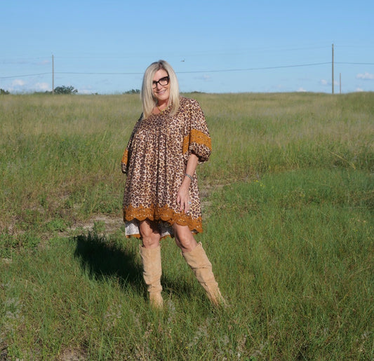Leopard V-Neck Dress with Lace Trim