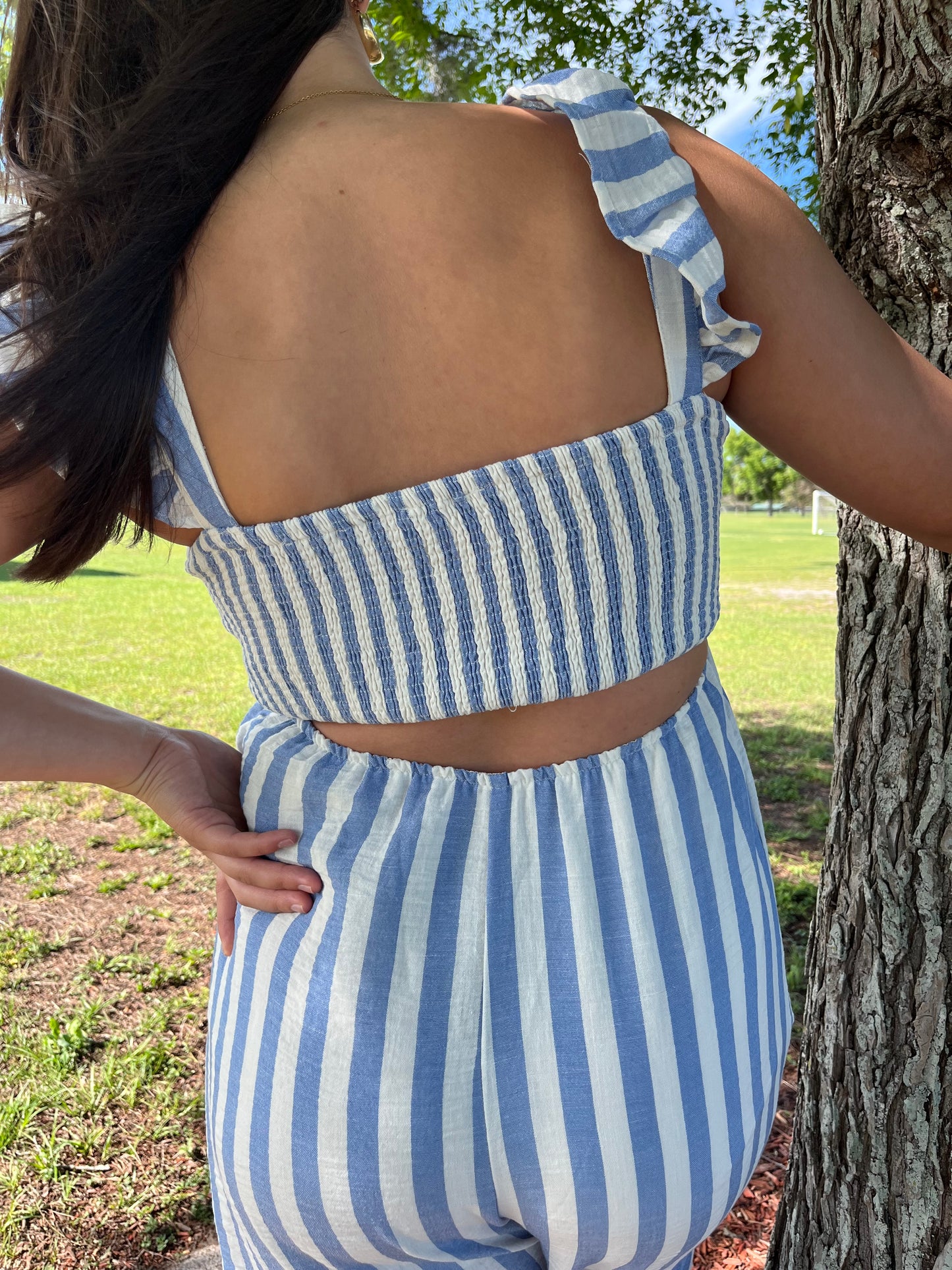 Stripe Cotton Gauze Wide Leg Jumpsuit