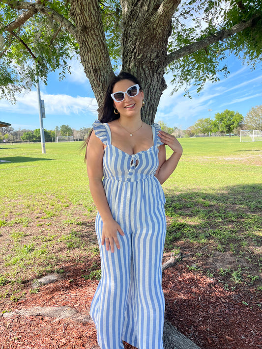 Stripe Cotton Gauze Wide Leg Jumpsuit