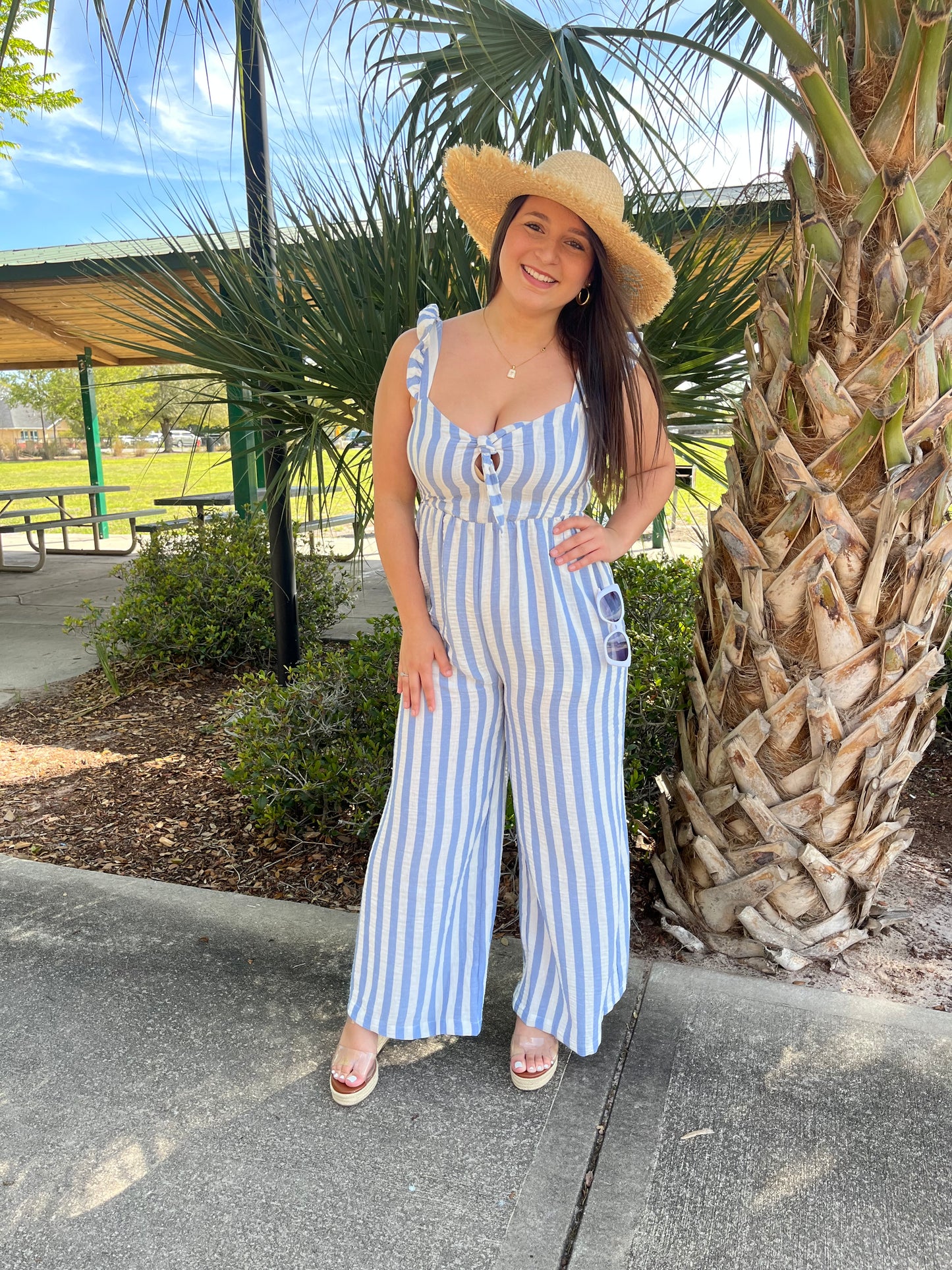 Stripe Cotton Gauze Wide Leg Jumpsuit