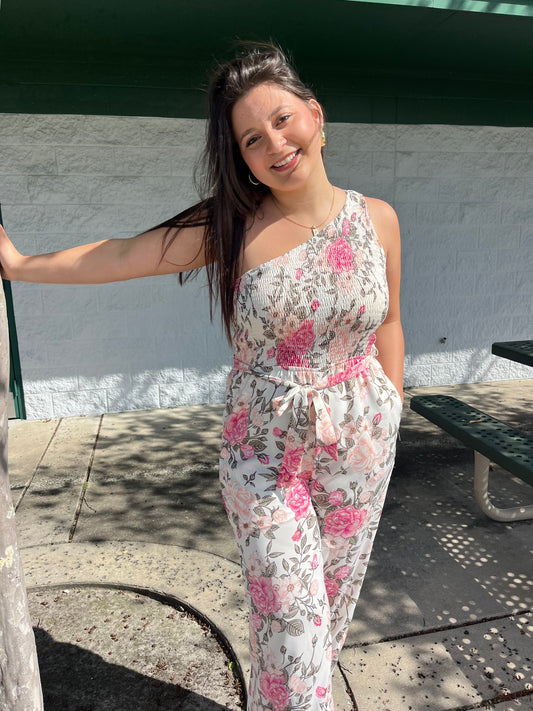 Romantic Floral Smocked One Shoulder Jumpsuit