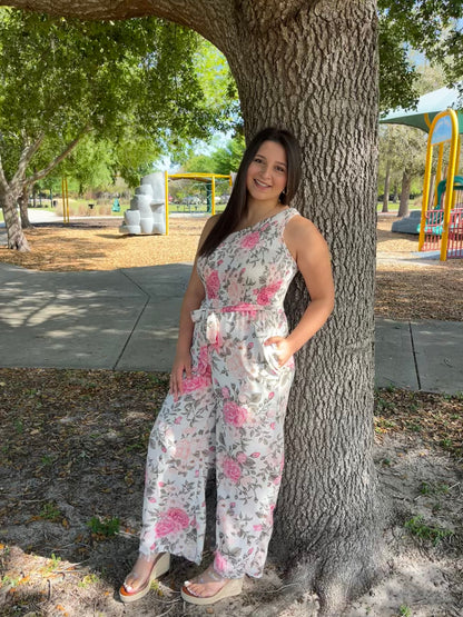 Romantic Floral Smocked One Shoulder Jumpsuit