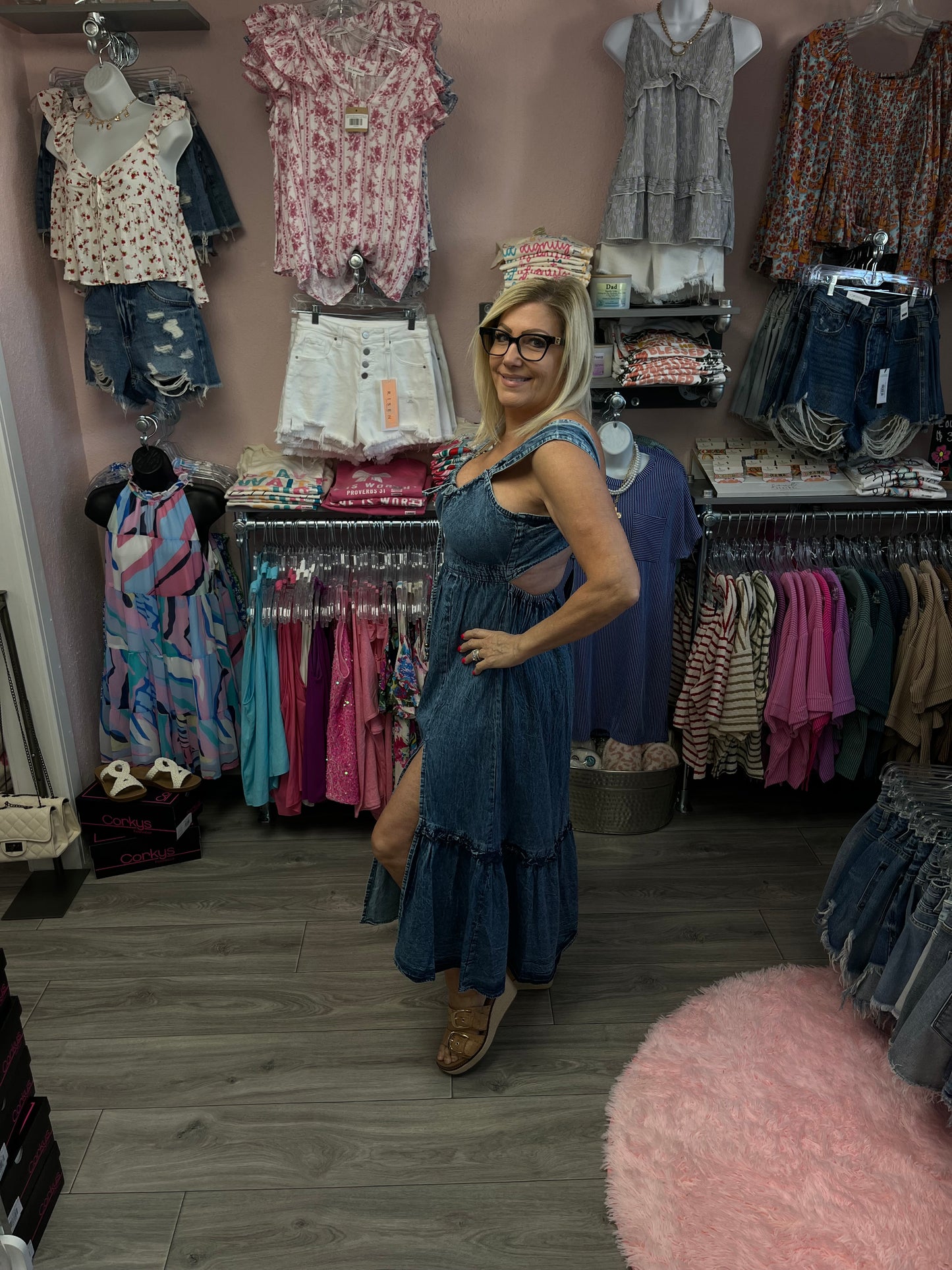 Acid Wash Denim Side Slit Open Back Maxi Dress
