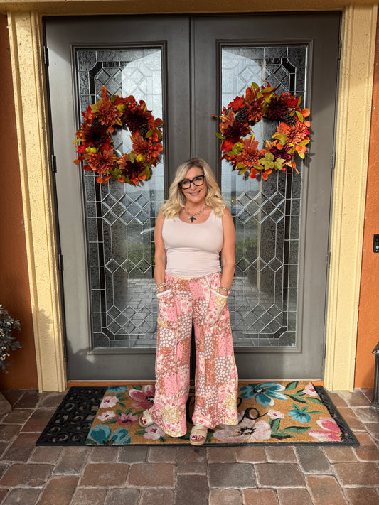 Patchwork Floral Cargo Wide Leg Pants