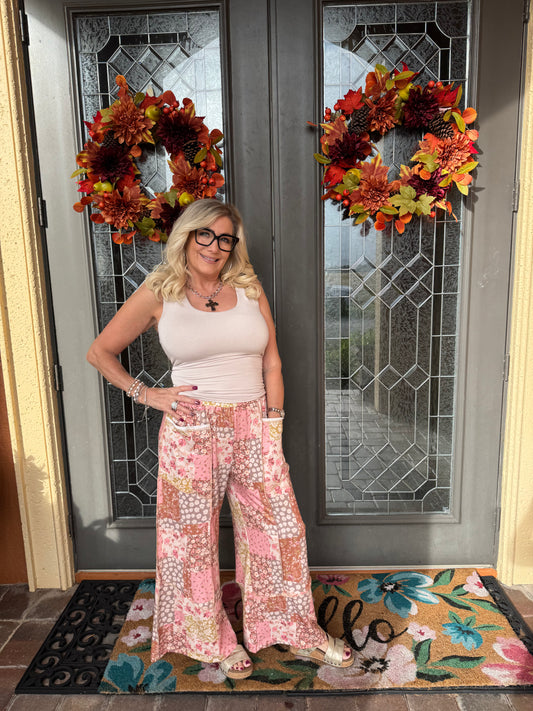 Patchwork Floral Cargo Wide Leg Pants