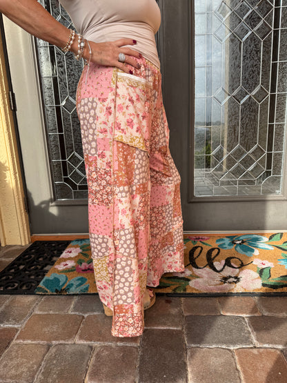 Patchwork Floral Cargo Wide Leg Pants