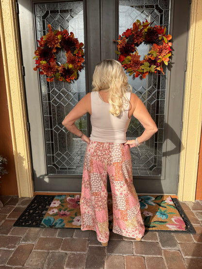 Patchwork Floral Cargo Wide Leg Pants