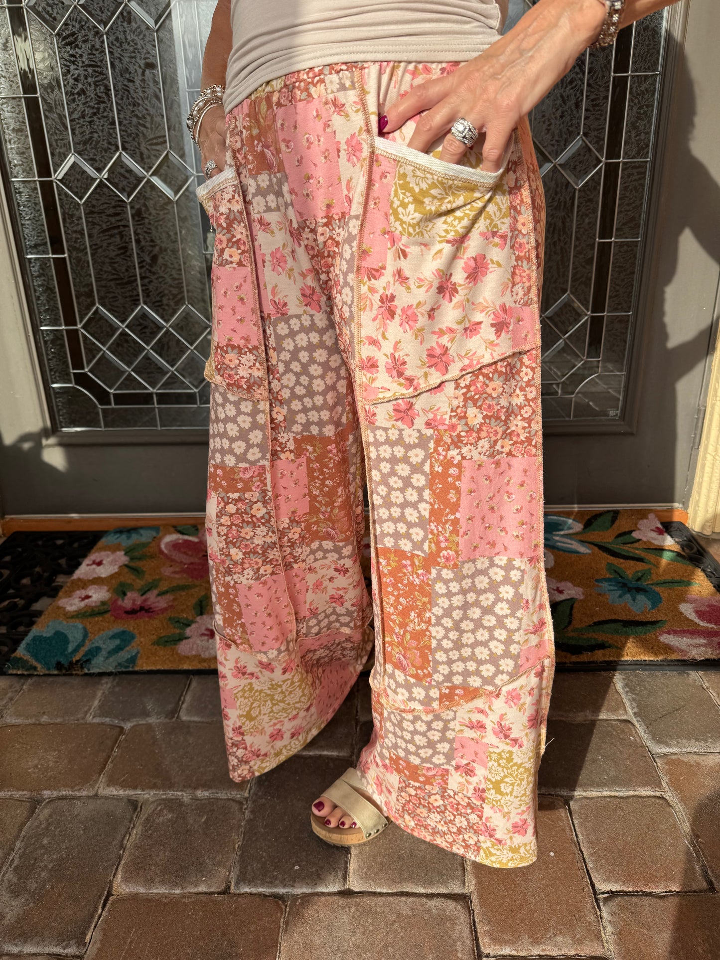 Patchwork Floral Cargo Wide Leg Pants