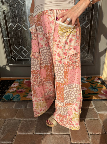 Patchwork Floral Cargo Wide Leg Pants