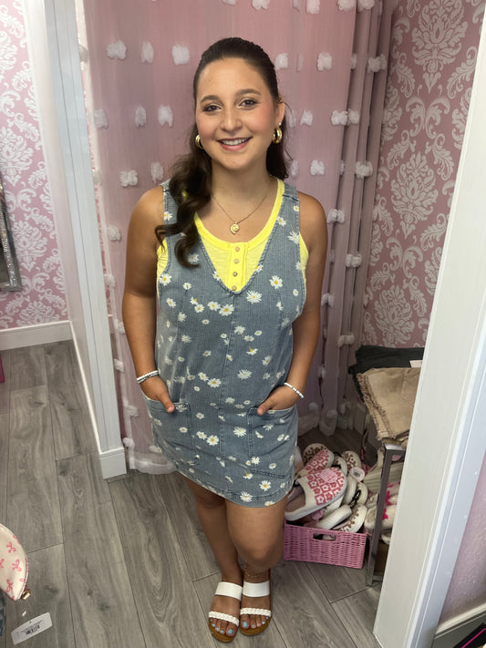 Relaxed Fit Daisy Print V Neck Denim Dress