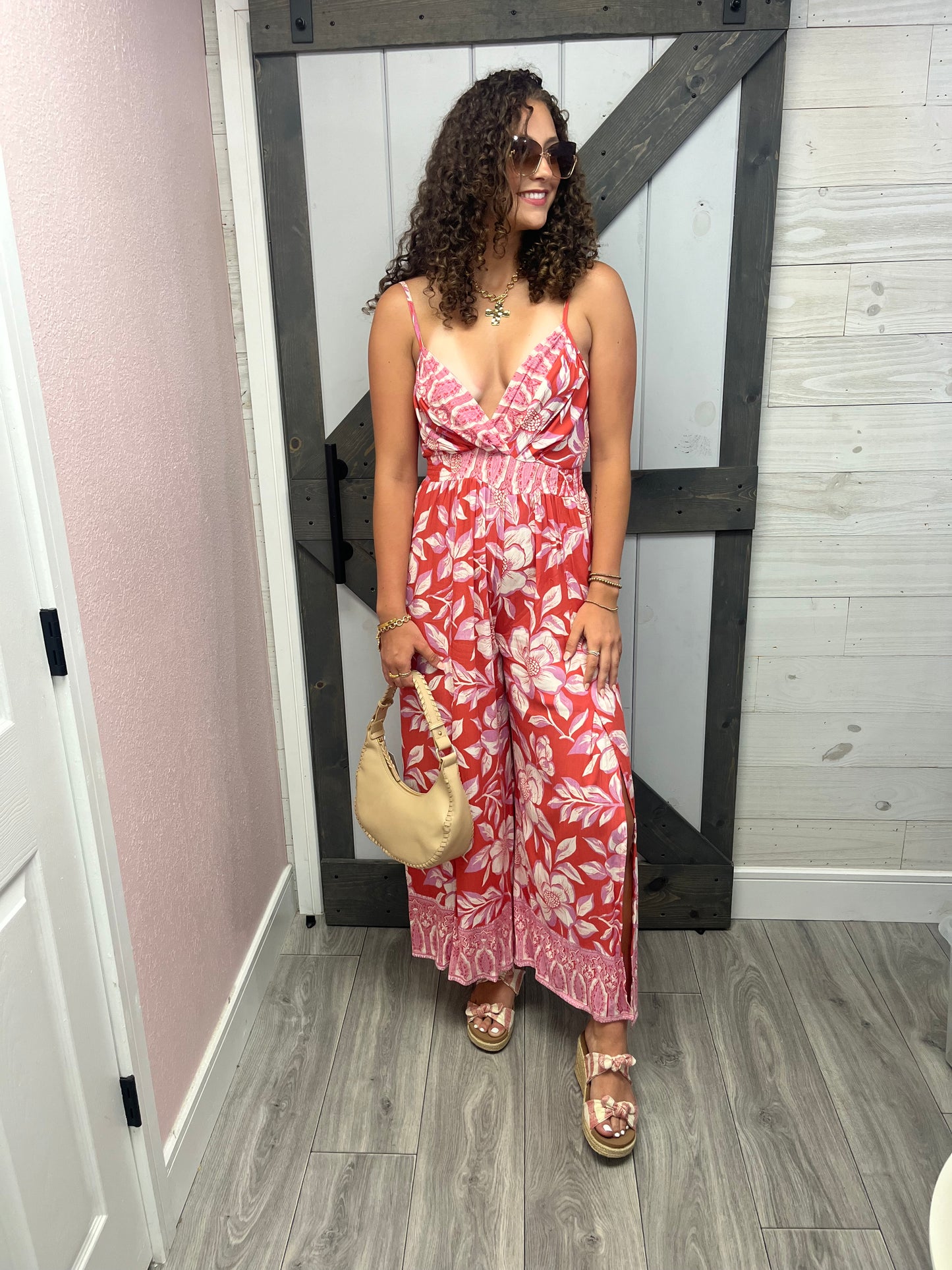 Boho V Neck Slit Leg Jumpsuit