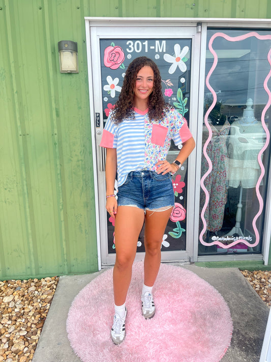 V-Neck Floral Stripe Color Block Top