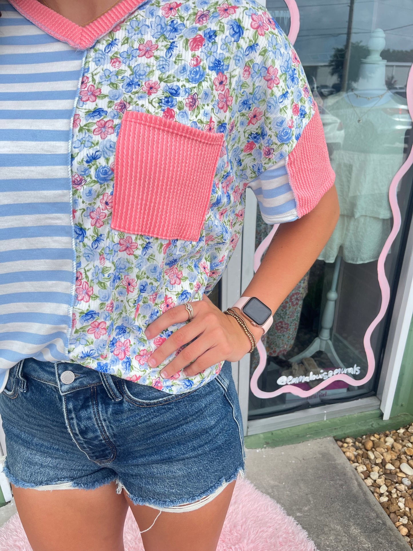 V-Neck Floral Stripe Color Block Top