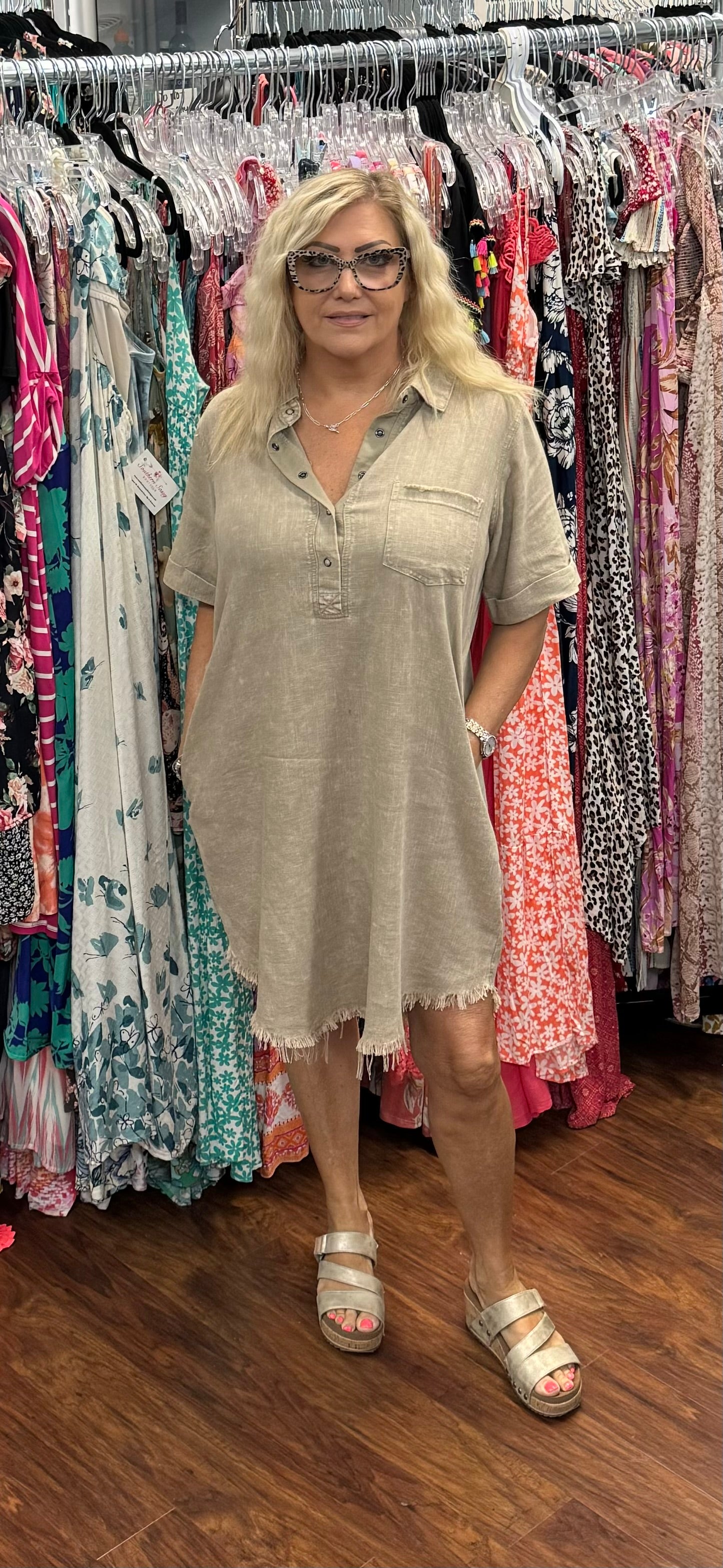 Washed Linen Raw Edge Button Down V-Neck Dress – Southern Sassy Boutique