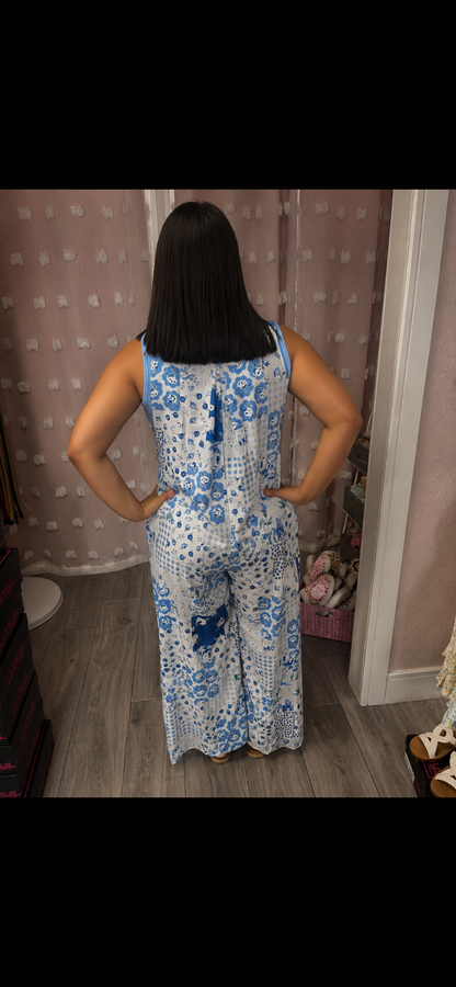 Floral Patchwork Wide Leg Bib Overalls