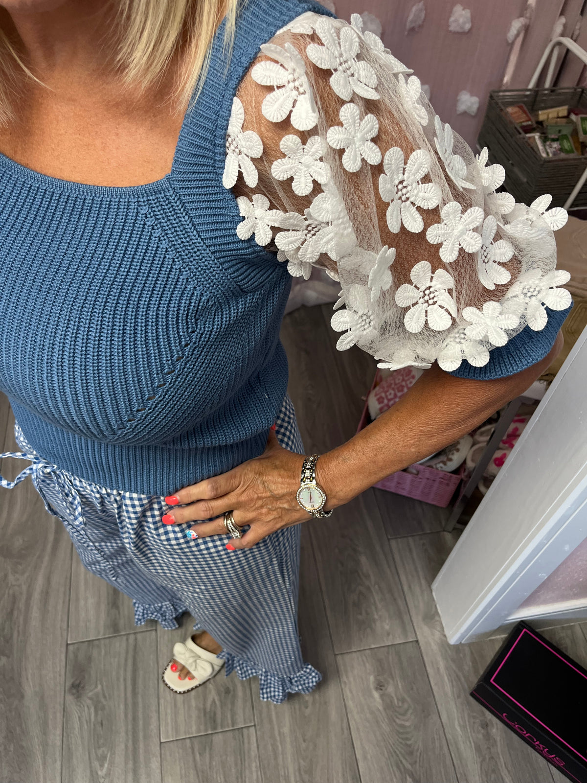 Floral Lace Puff Sleeve Square Neck Sweater