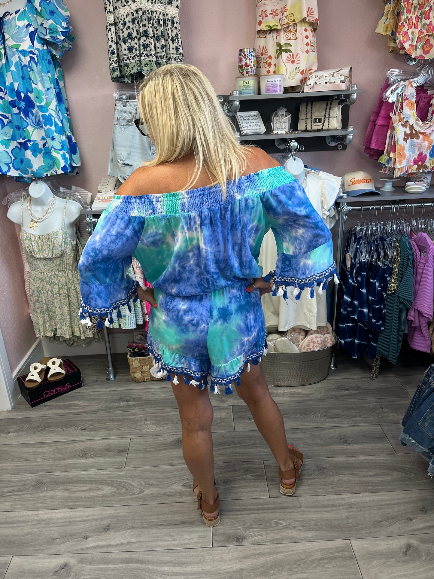 Tie Dye Off Shoulder Romper With Tassels