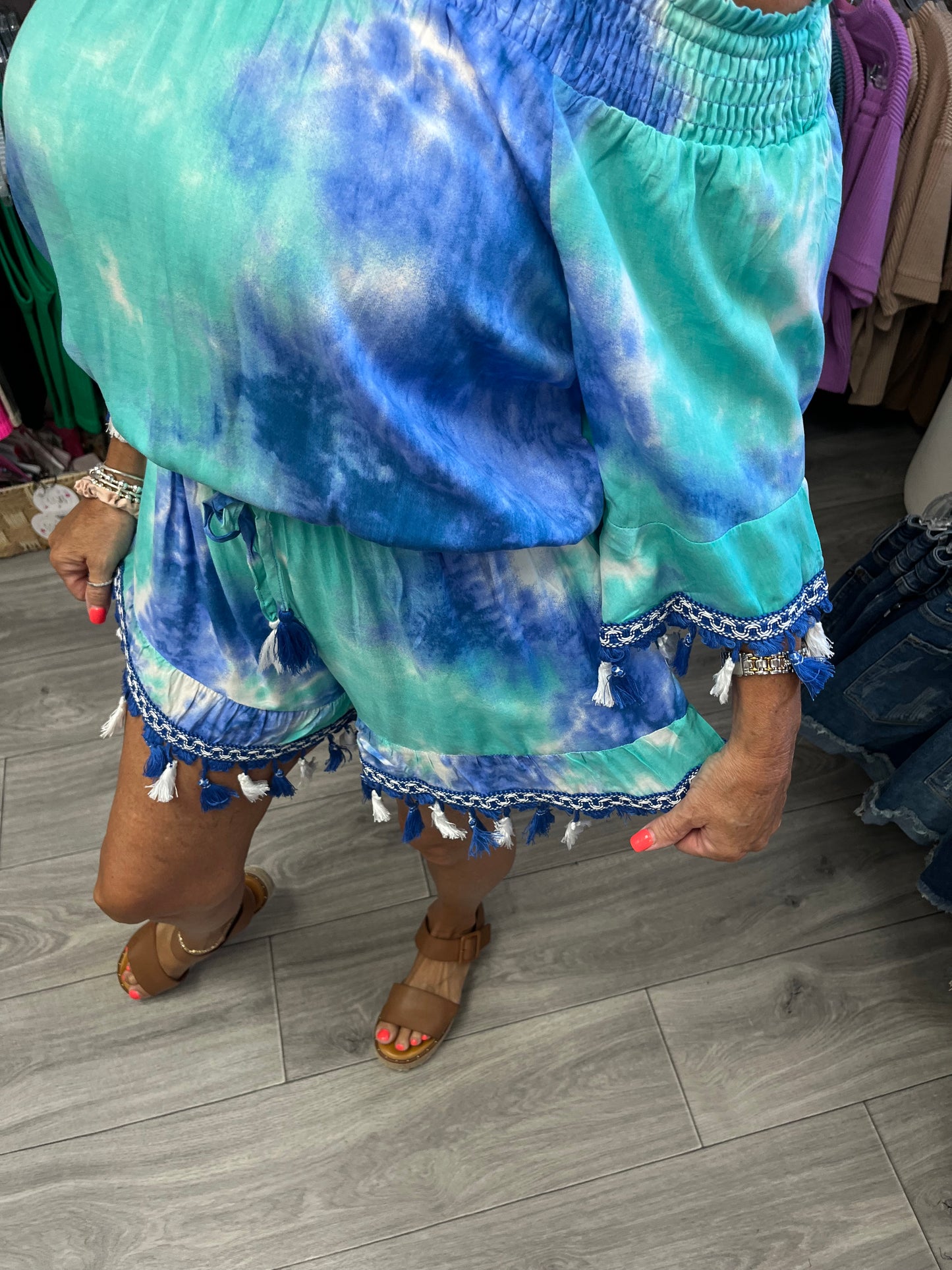 Tie Dye Off Shoulder Romper With Tassels