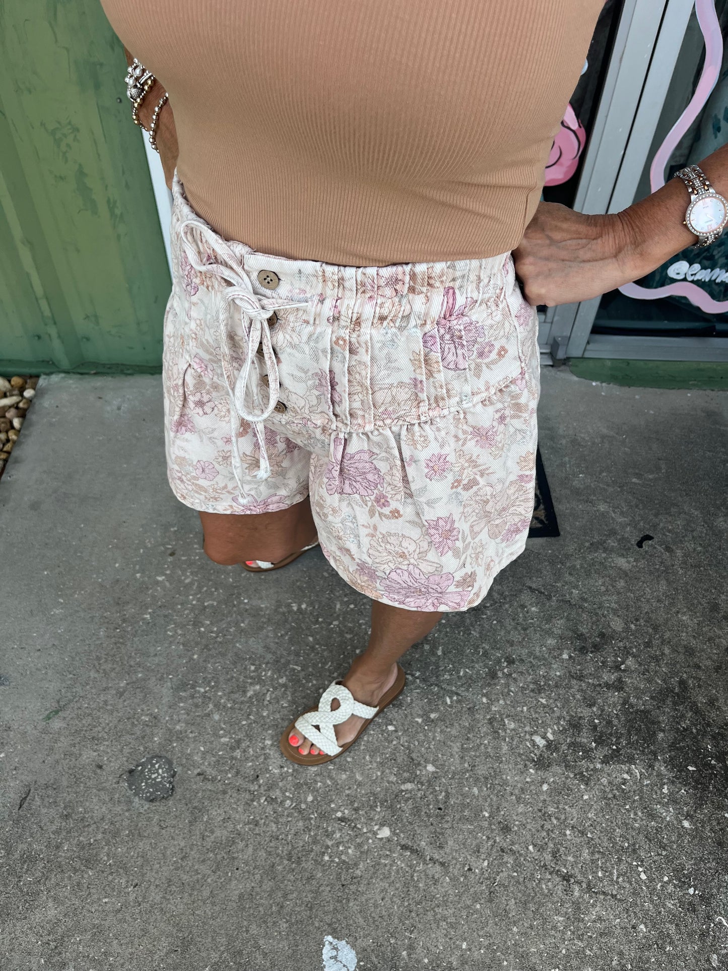 Floral Print Twill Button-Down Shorts