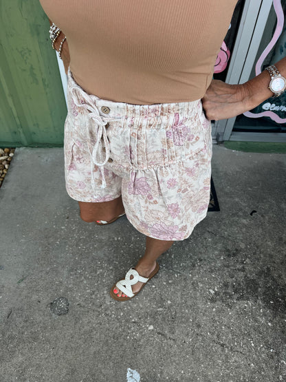 Floral Print Twill Button-Down Shorts