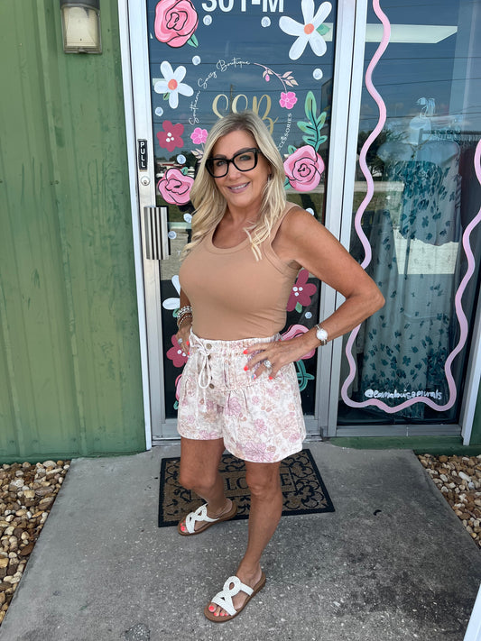 Floral Print Twill Button-Down Shorts