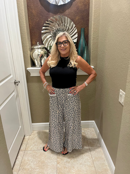 Leopard French Terry Wide Leg Pocket Pants
