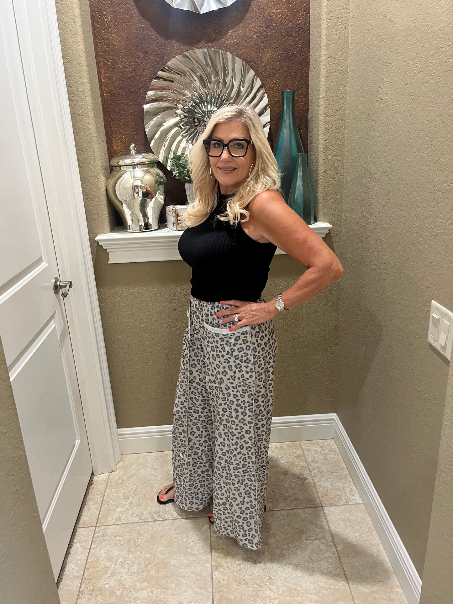 Leopard French Terry Wide Leg Pocket Pants