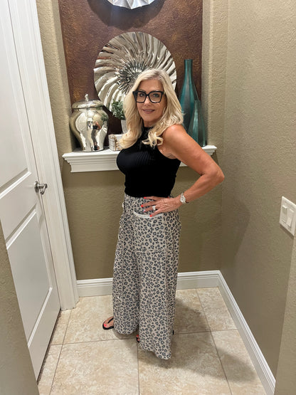 Leopard French Terry Wide Leg Pocket Pants