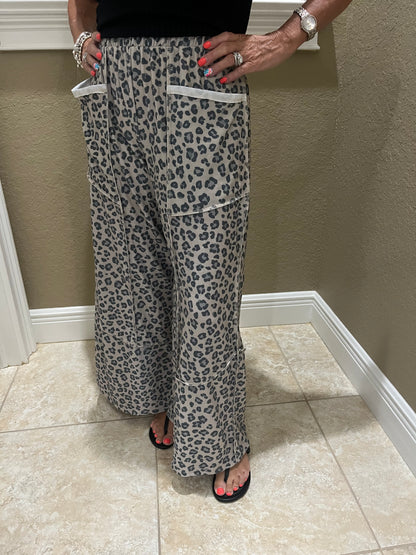 Leopard French Terry Wide Leg Pocket Pants