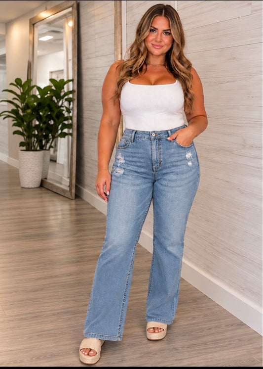 Tummy Control High Rise Straight Distressed Jeans