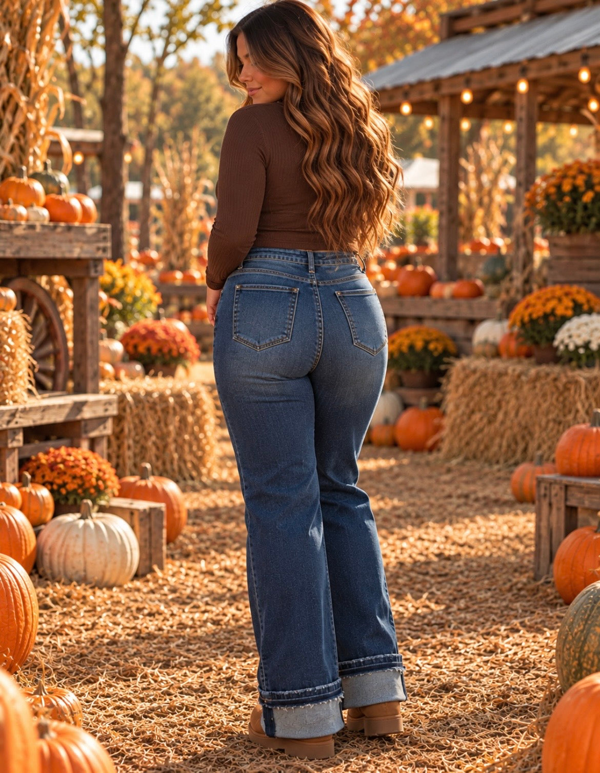 Dark Mid Rise Ankle Straight Jeans w/ Cuffed Hem